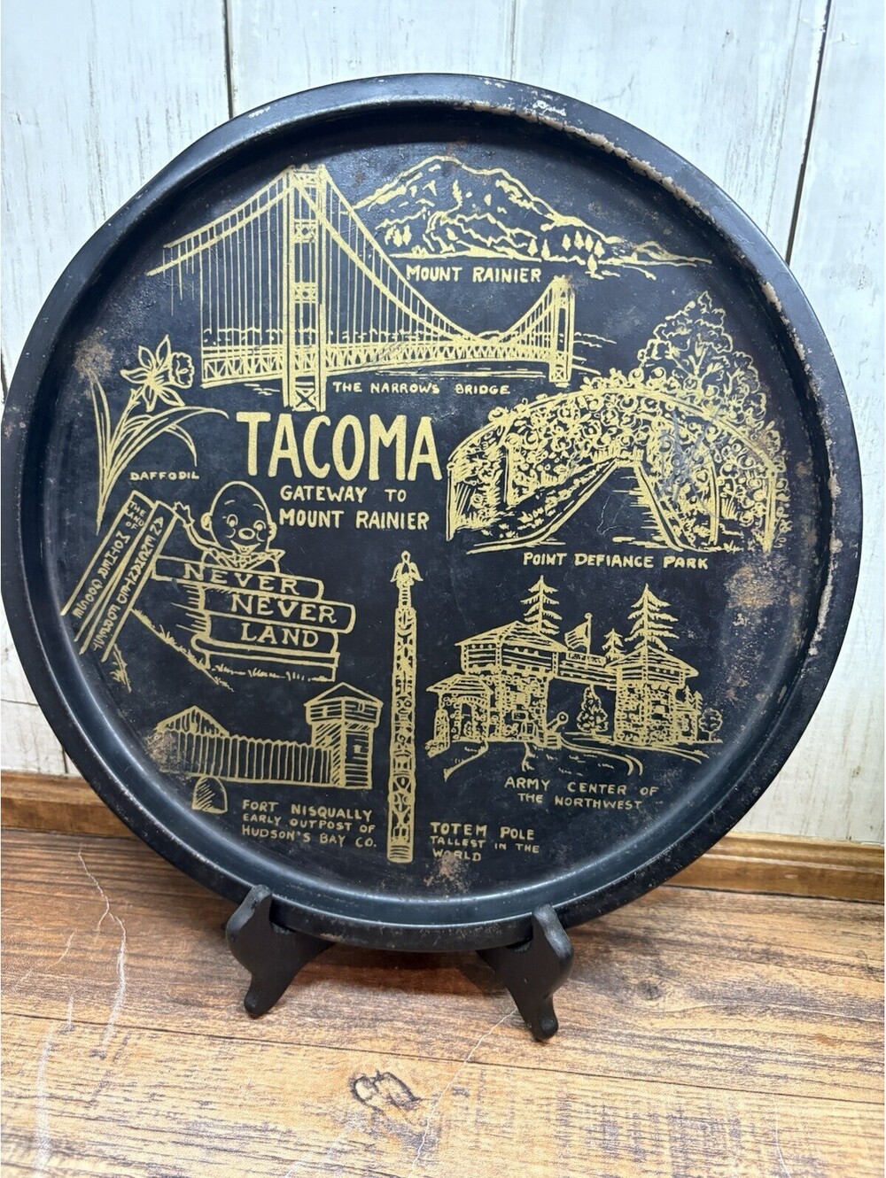 Vintage 11in Black Metal Wall Decor Serving Tray Tacoma Washington Attractions
